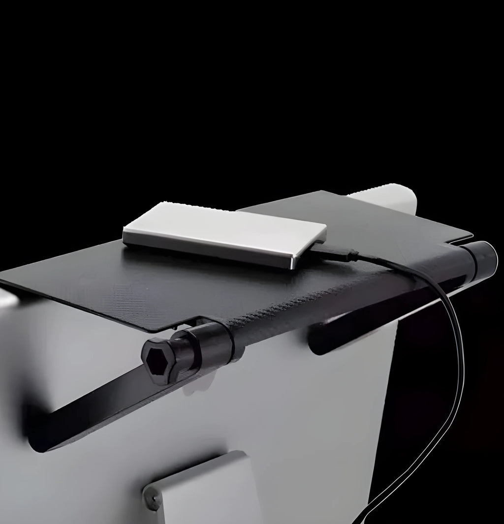 Black adjustable 13-inch screen top shelf for monitor or TV with TV box, router and remote on top.