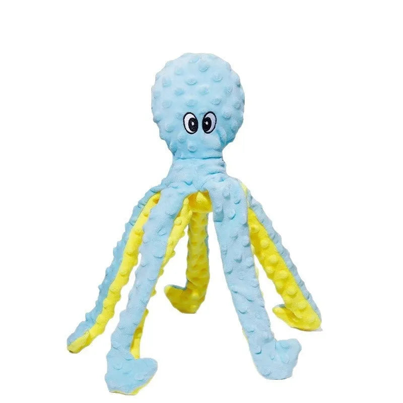 Plush long-legged octopus pet toy with ringing paper and creaking elements in blue or purple crocheted design