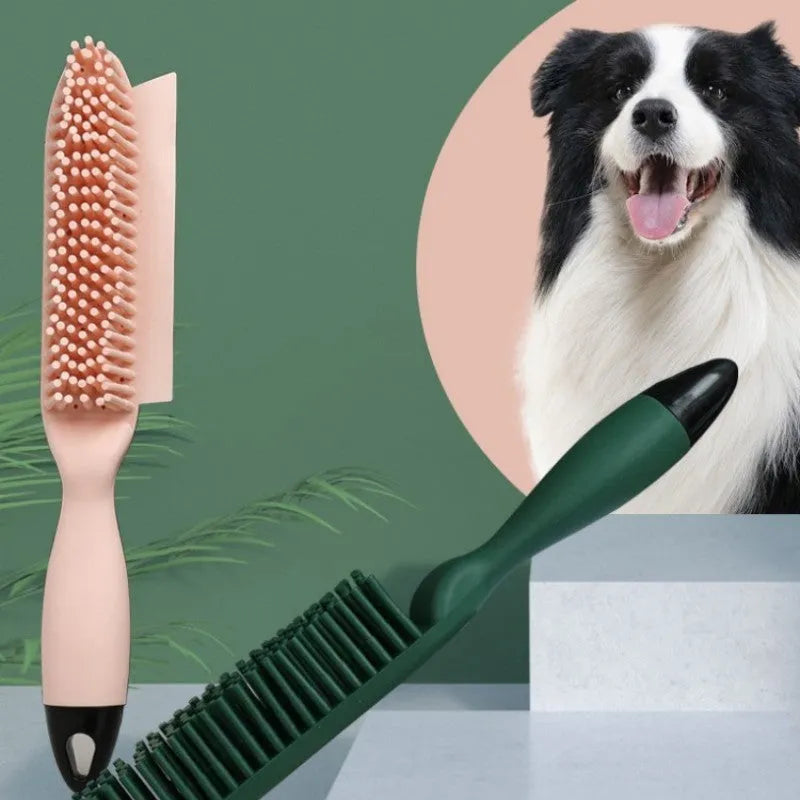 Green and pink dog brush with rubber bristles and pet hair remover function