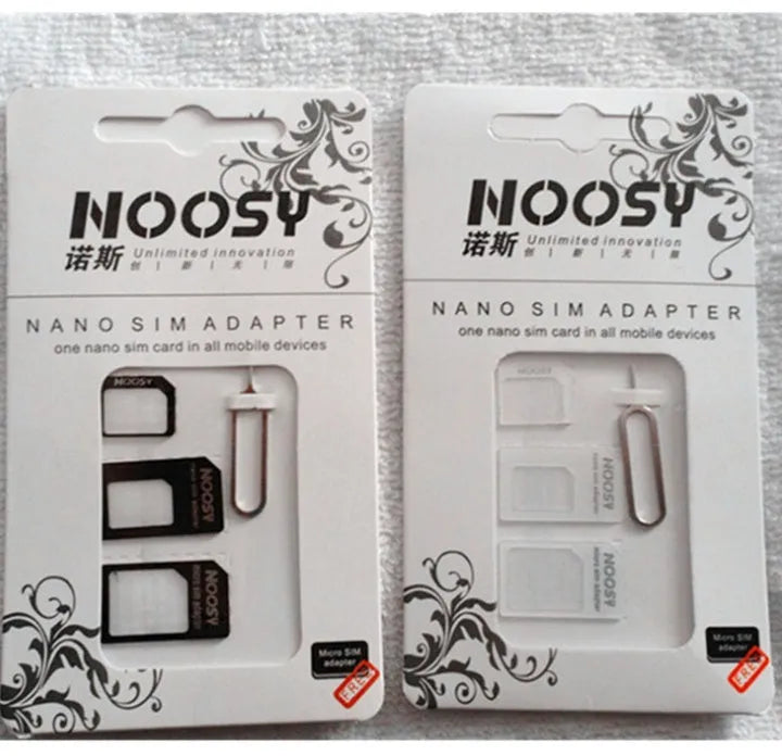 Three SIM card adapters for nano to micro and standard conversion in black and white colours