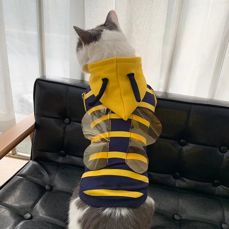Yellow striped bee costume hoodie for bulldog pet winter jacket made of cotton plush material