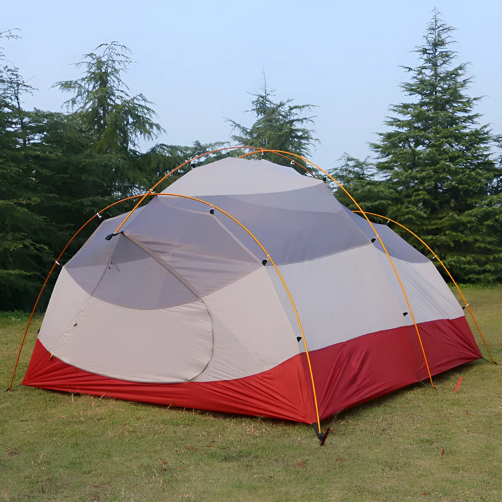 Outdoor multi-person grey tent with aluminium poles, nylon flysheet, and rain protection