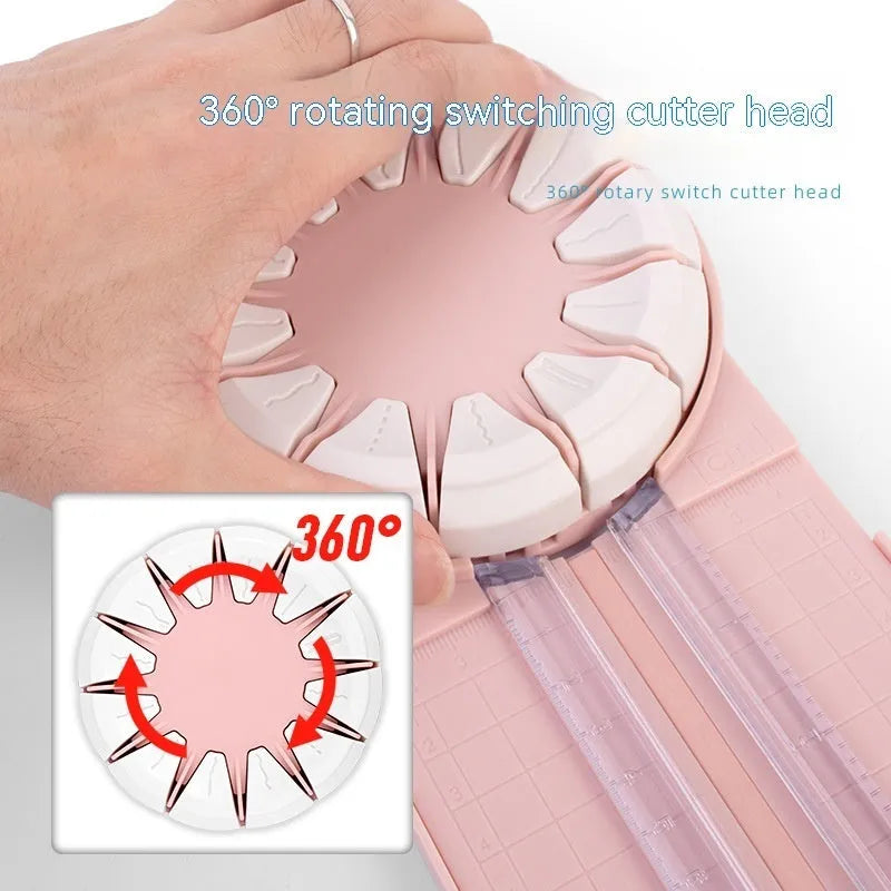 Pink and black 12-in-1 plastic paper cutting machine with dotted guides for A4 paper