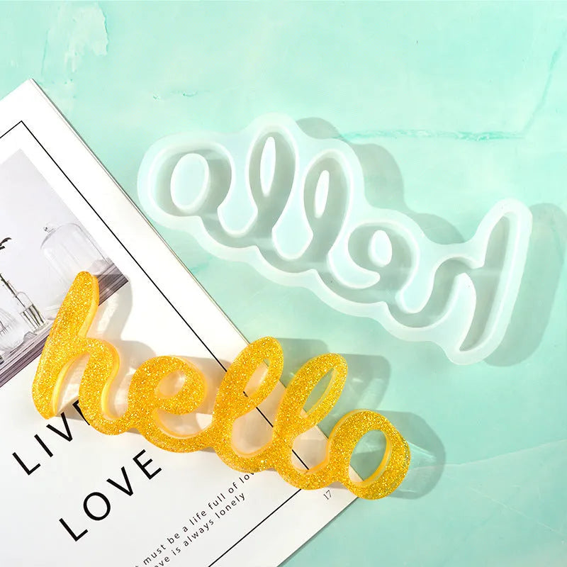 Silicone epoxy letter mould for resin crafting showing English alphabet and word details