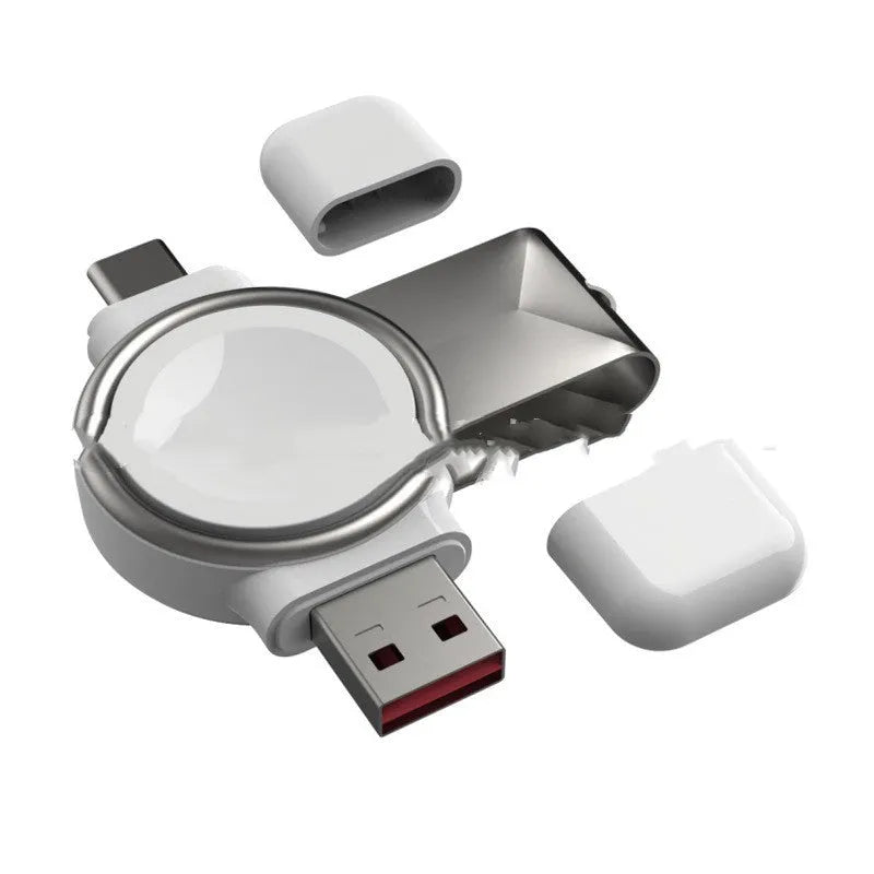 2-in-1 magnetic wireless charger for Apple Watch in white with USB and Type-C interfaces, compact and portable