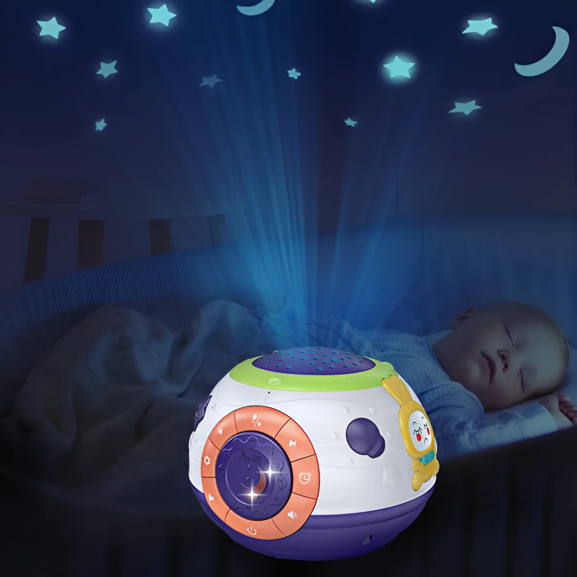 White starry sky night light projector for children with colour-changing LEDs and sound modes