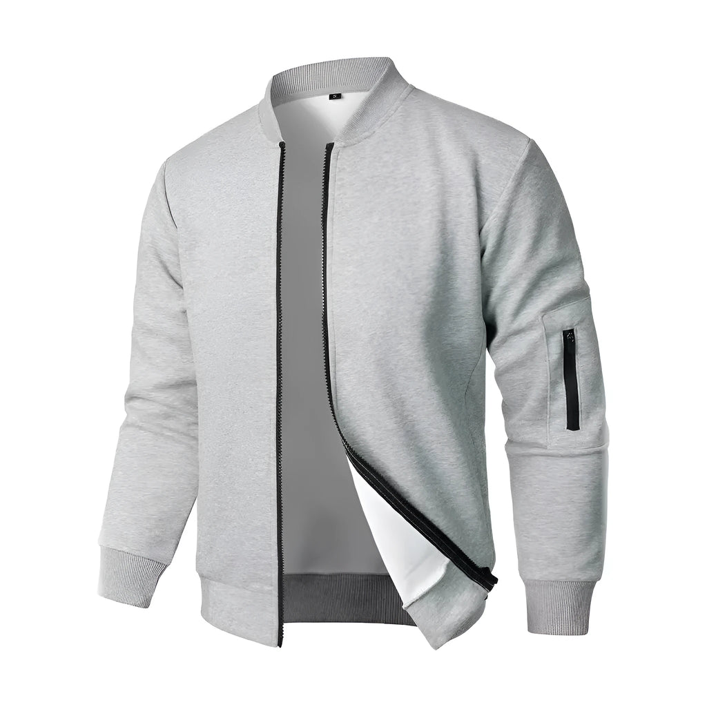 A man's loose-fit knitted jacket in a business-casual style with long sleeves