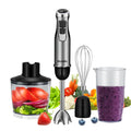 Silver and black Biolomix hand blender set with motor, stainless steel shaft, whisk, chopper bowl, and blending beaker on a kitchen counter.