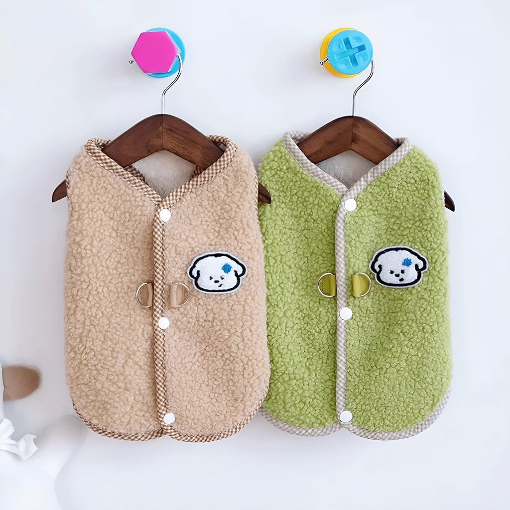 Green coral fleece dog sweatshirt vest on a small dog, showing the collar leash ring.