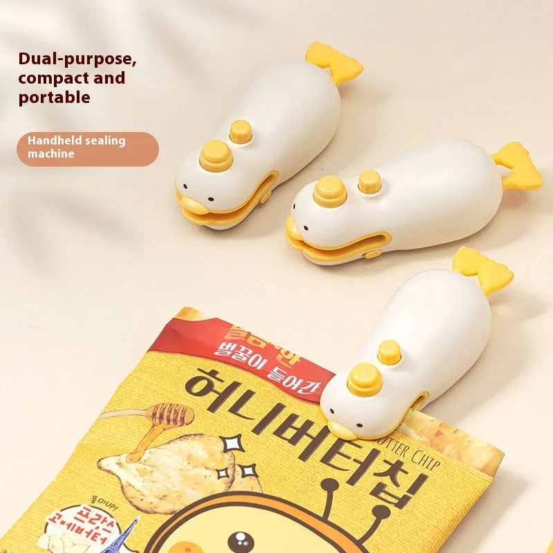 Yellow duck-shaped rechargeable electric bag sealer with animal jacquard pattern and charging cable