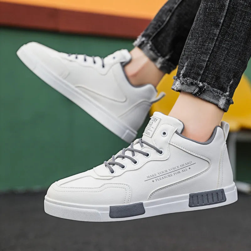 High-top synthetic leather panel shoes with tassel detail, lace-up closure, black beige colour, side view