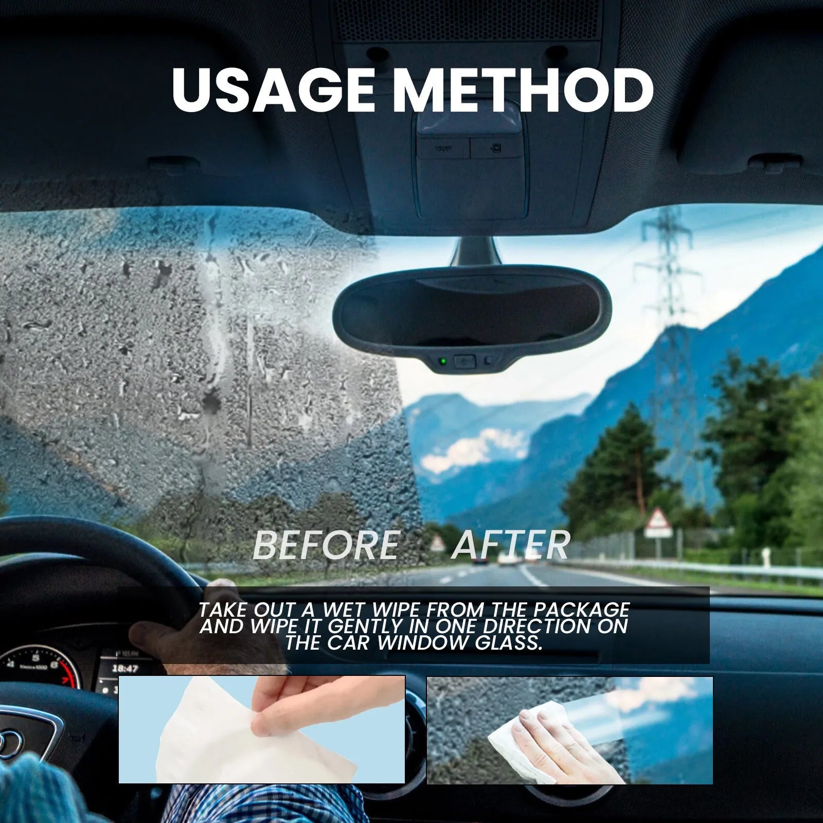 Pack of 40 car anti-fog rain wipes showing individual 18x8x3cm non-woven fabric cloths with water-based resin formula