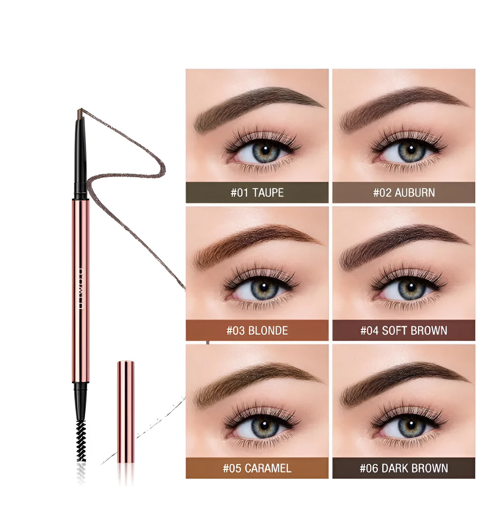 Eyebrow make-up pencil in a colour box with six shade options including Auburn and Dark Brown.