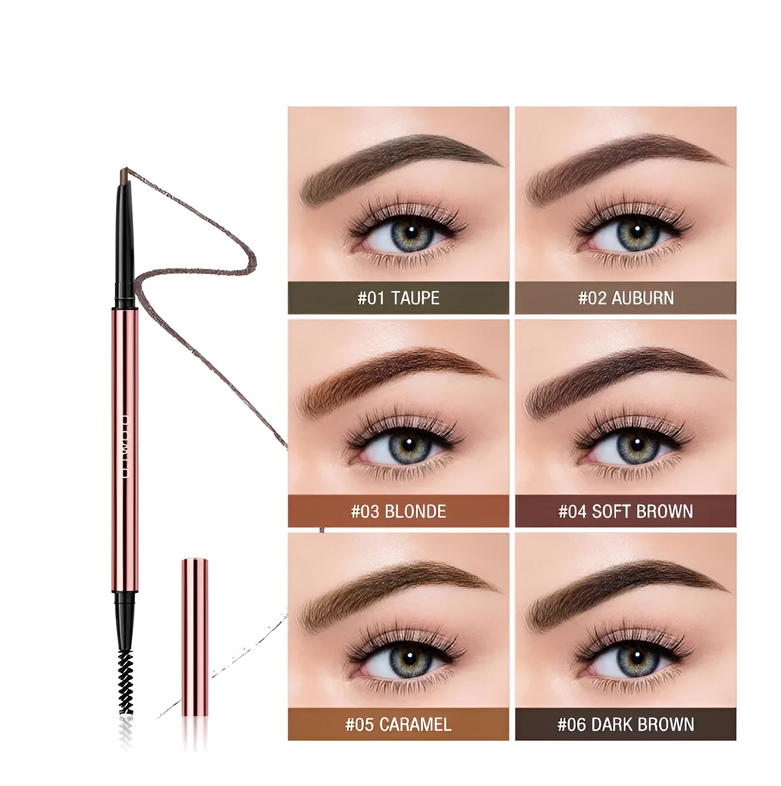 Eyebrow make-up pencil in a colour box with six shade options including Auburn and Dark Brown.