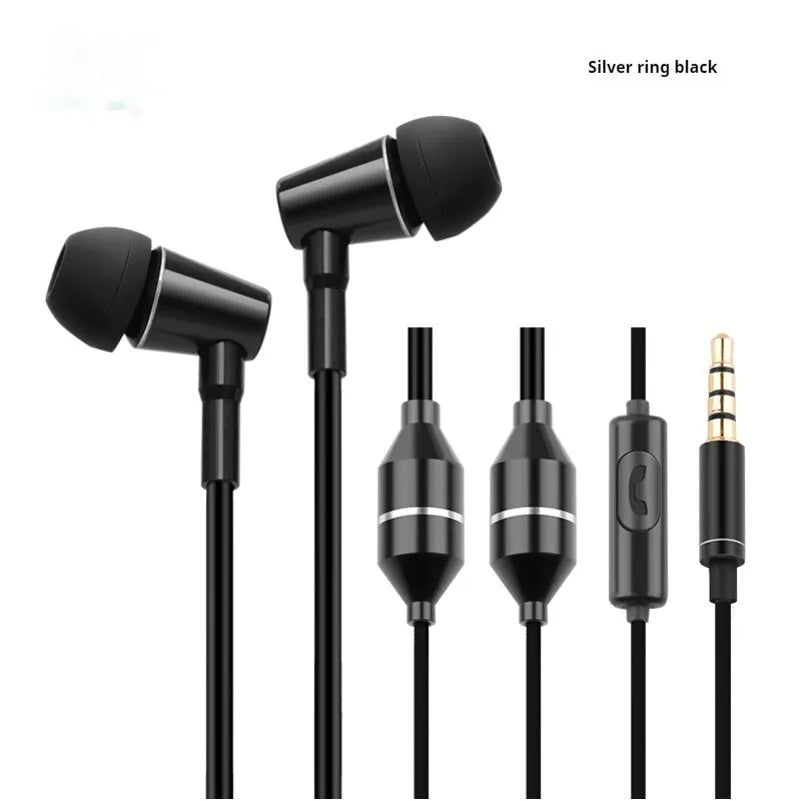 FC12 in-ear wired headset with 3.5mm plug, microphone, and silicone earplugs in black or silver white.