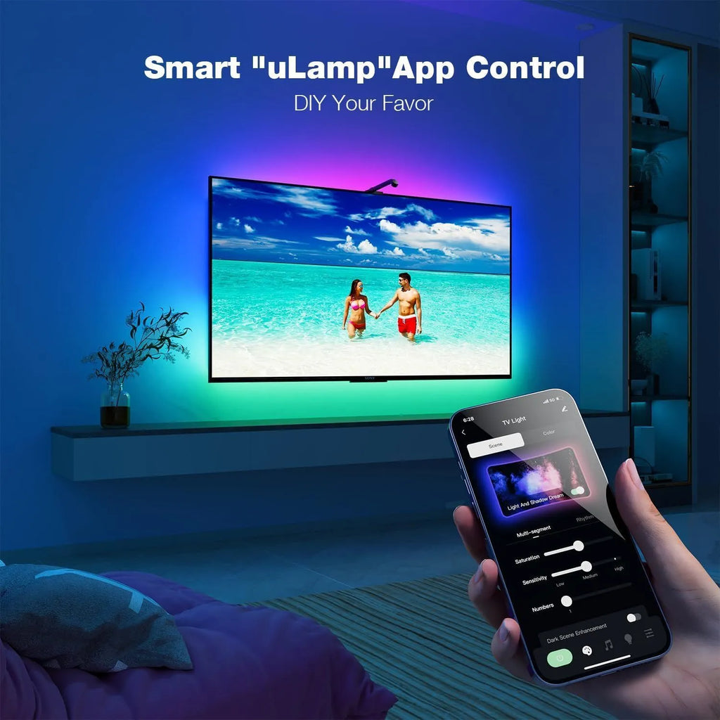 5 metre RGB LED light strip with camera for screen colour synchronisation on TV background