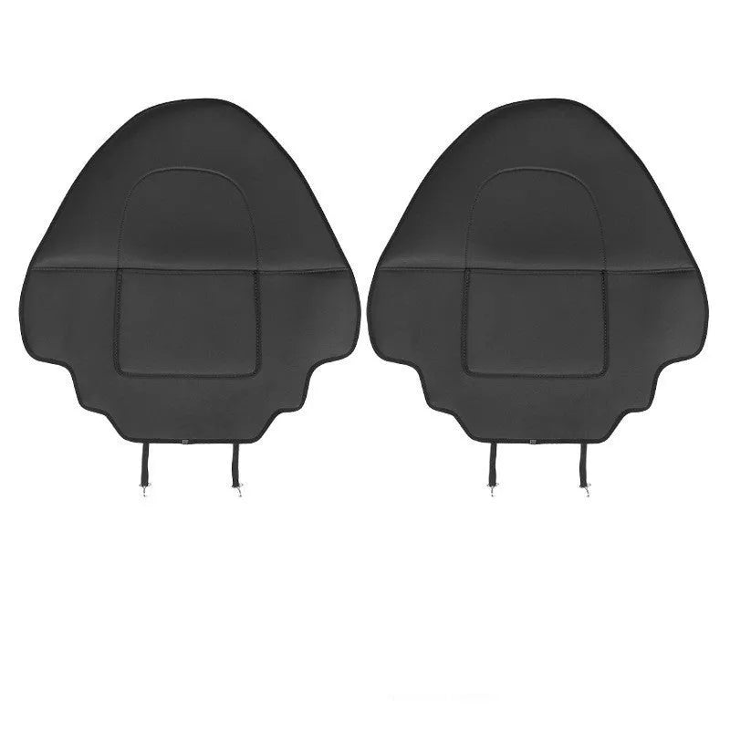 Two black leather rear seat anti kick pads measuring 68cm by 42cm for car seat back protection