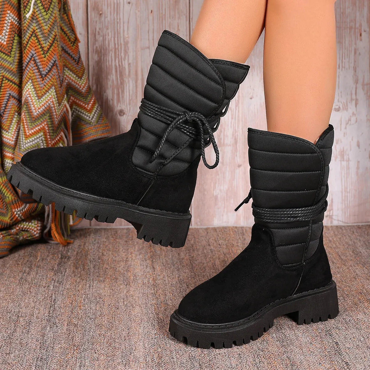 Black women's high-top suede snow boots with chunky rubber sole and lace-up design