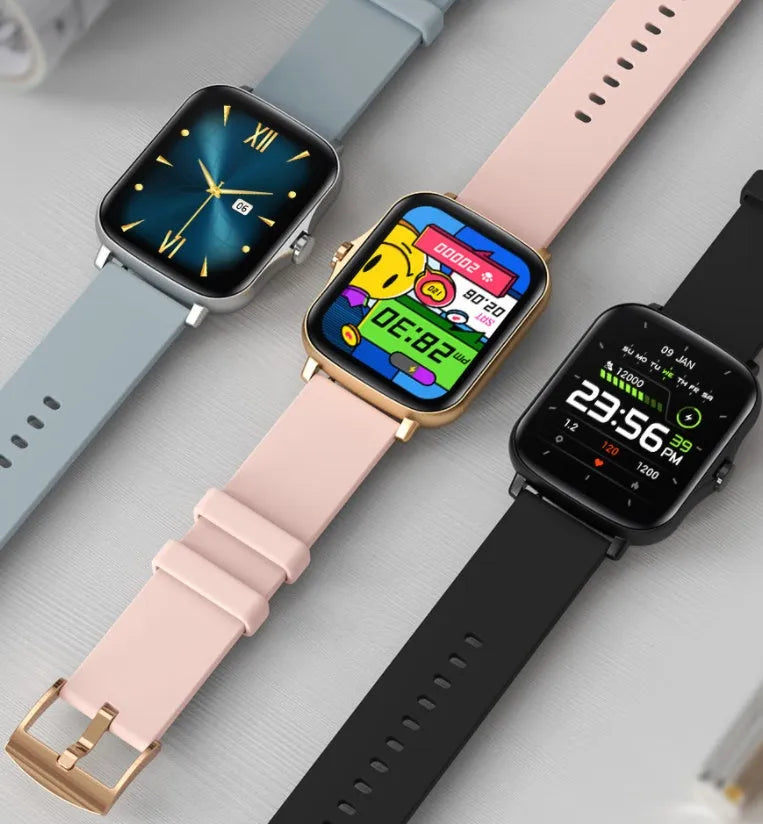 Smart watch with blue strap and 1.7-inch colour touch screen displaying time and heart rate