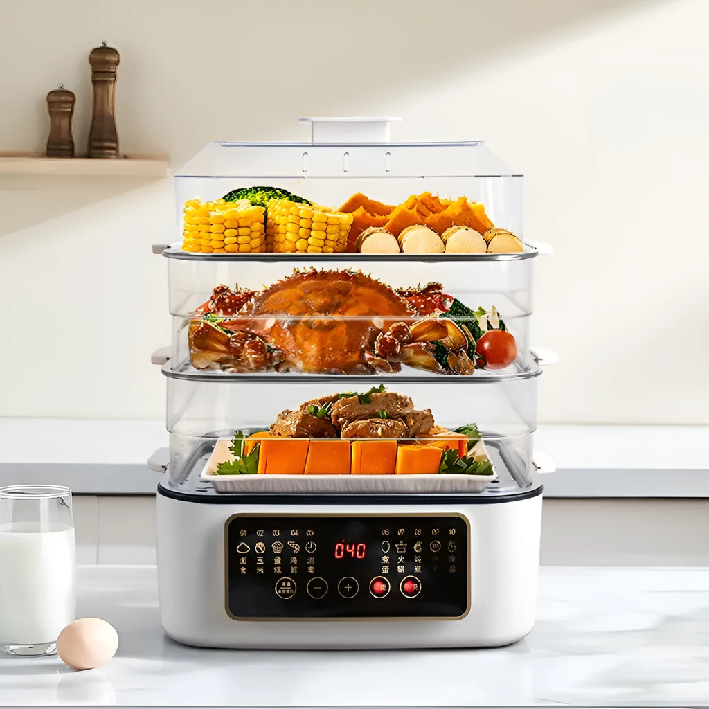 28 litre electric steamer with stainless steel cooking pot and automatic measuring function