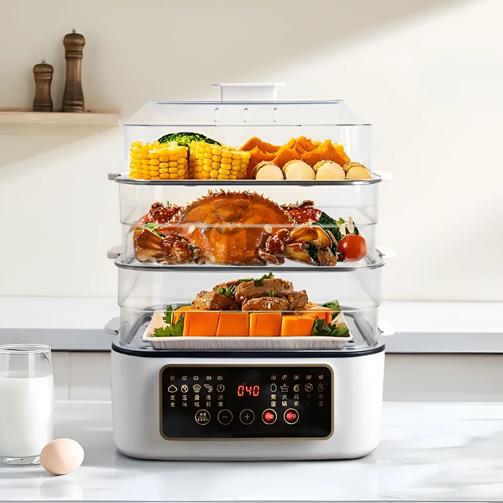 28 litre electric steamer with stainless steel cooking pot and automatic measuring function