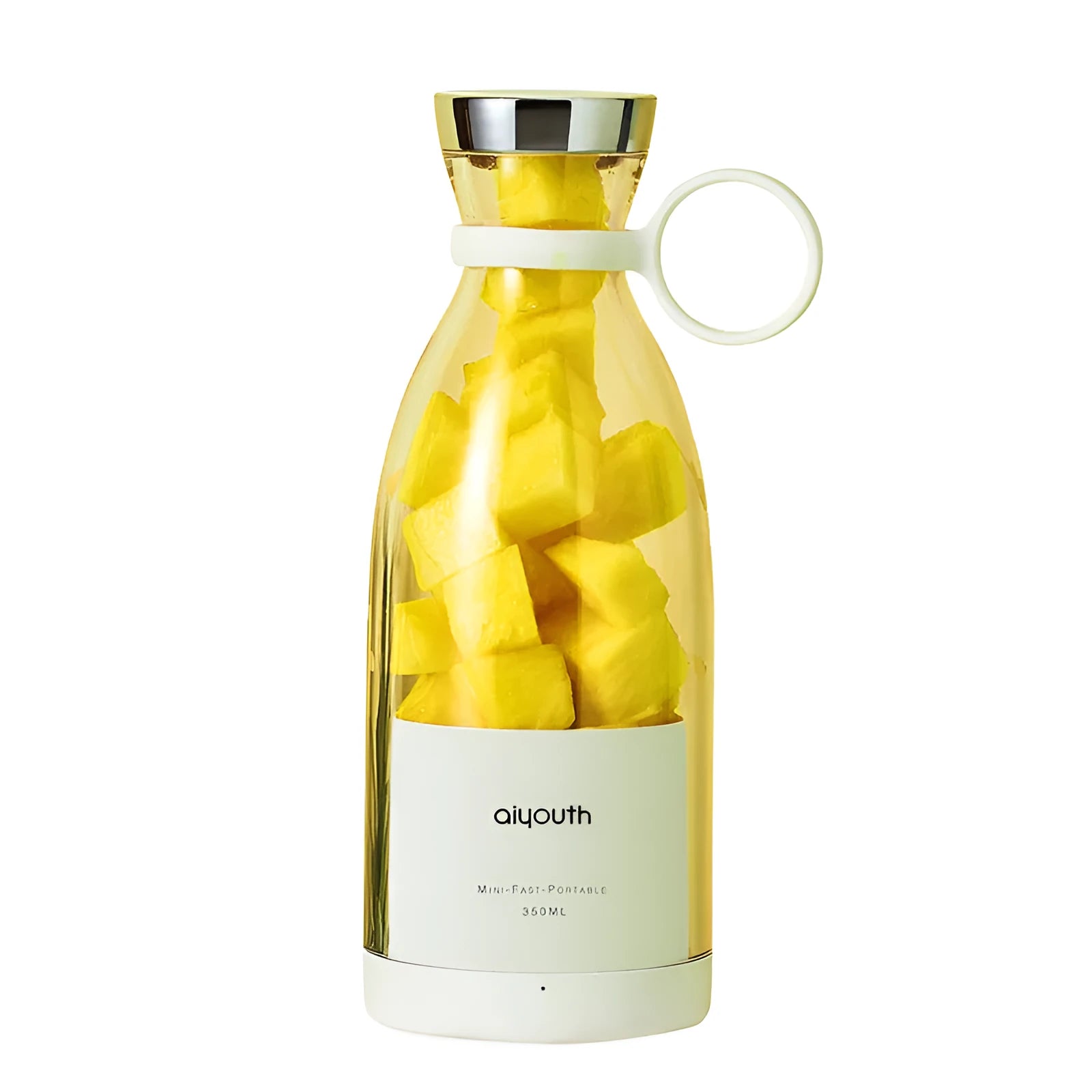 Pink and white handheld mini electric juicer with USB charging cable.
