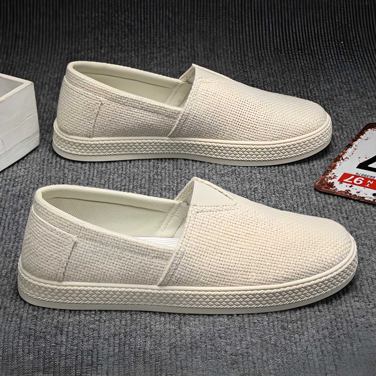 Men's beige canvas shoes with round toe and shallow mouth design on PVC sole