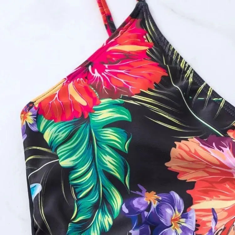 Black women's high waist briefs printed split bikini swimsuit for sports and swimming activities