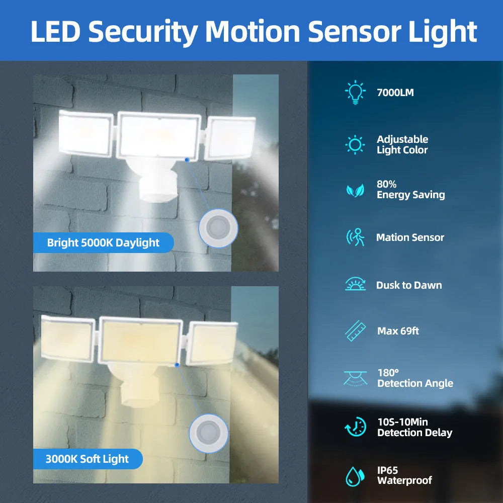 White or black LED security flood light with motion sensor for wall or ceiling mounting