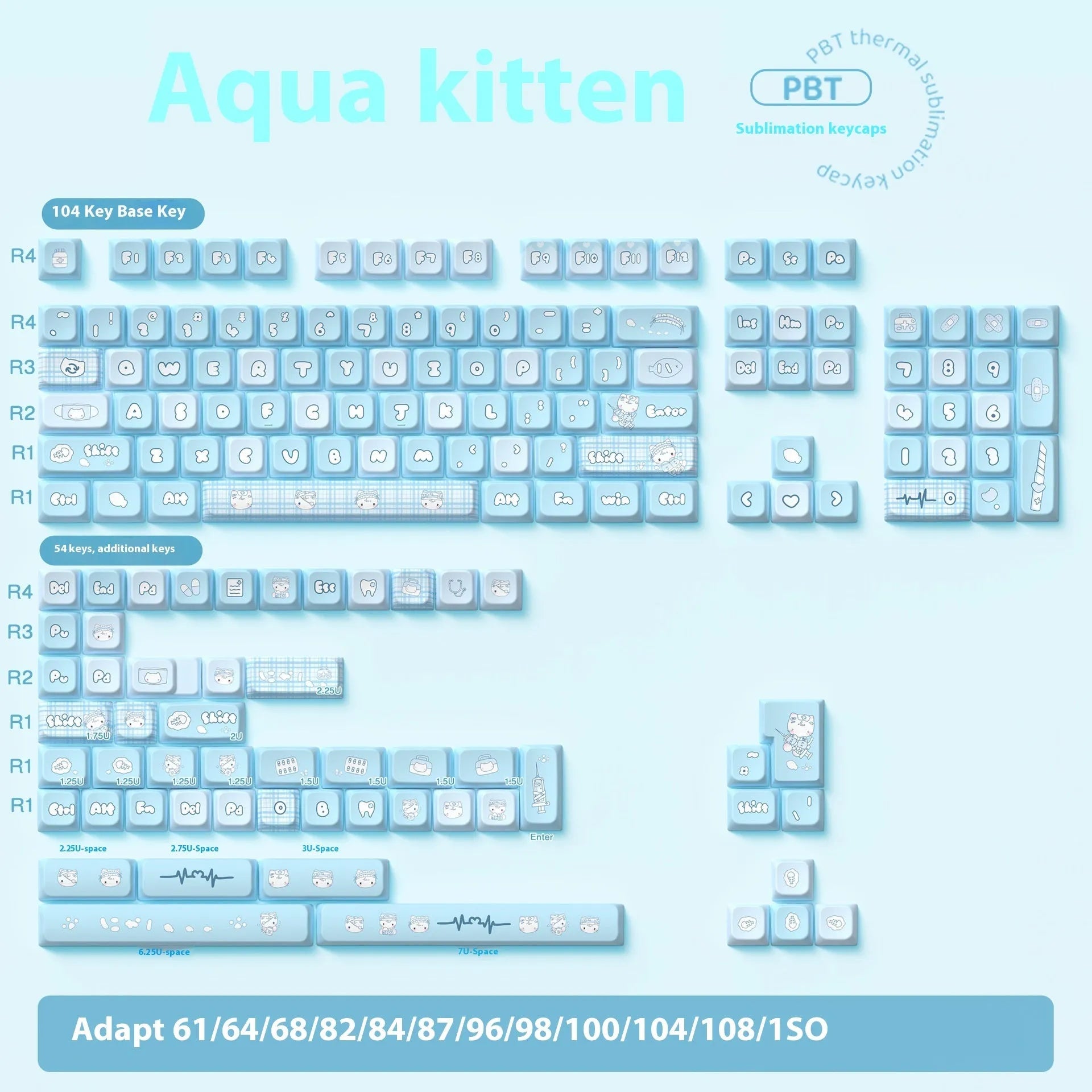 Custom watercolour kitten design keycaps for mechanical keyboards with opaque lettering