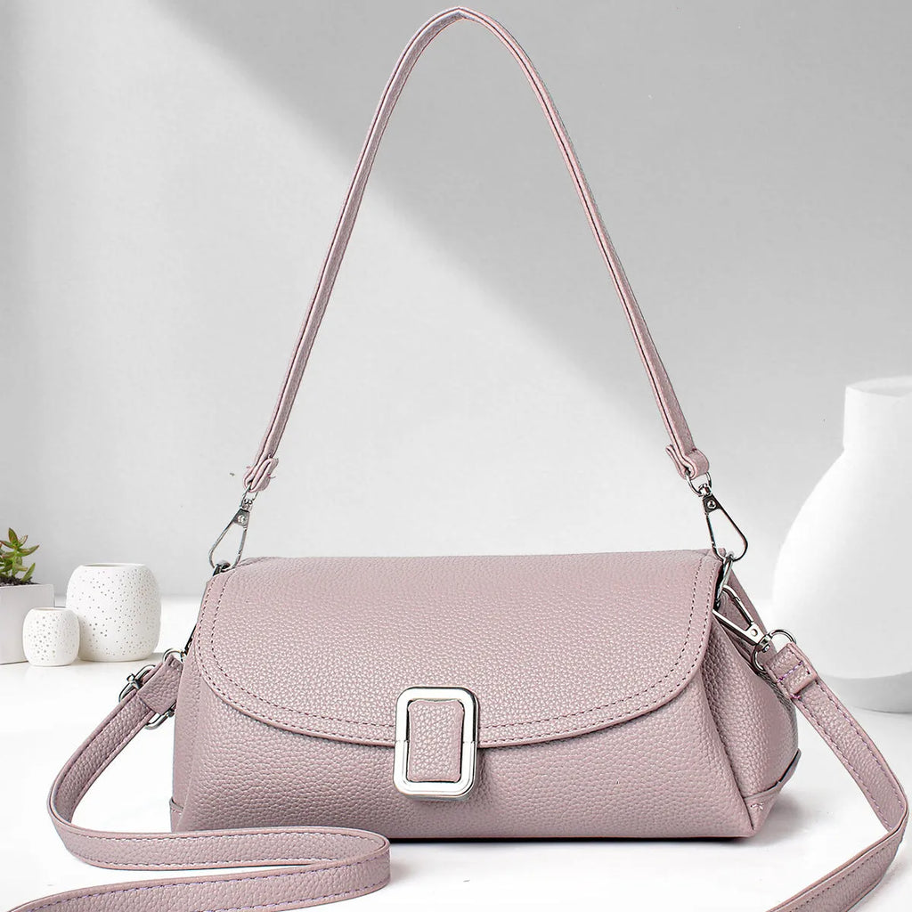 Ladies' PU shoulder handbag with crossbody strap in beige, black, coffee, khaki, purple or rubber powder colours