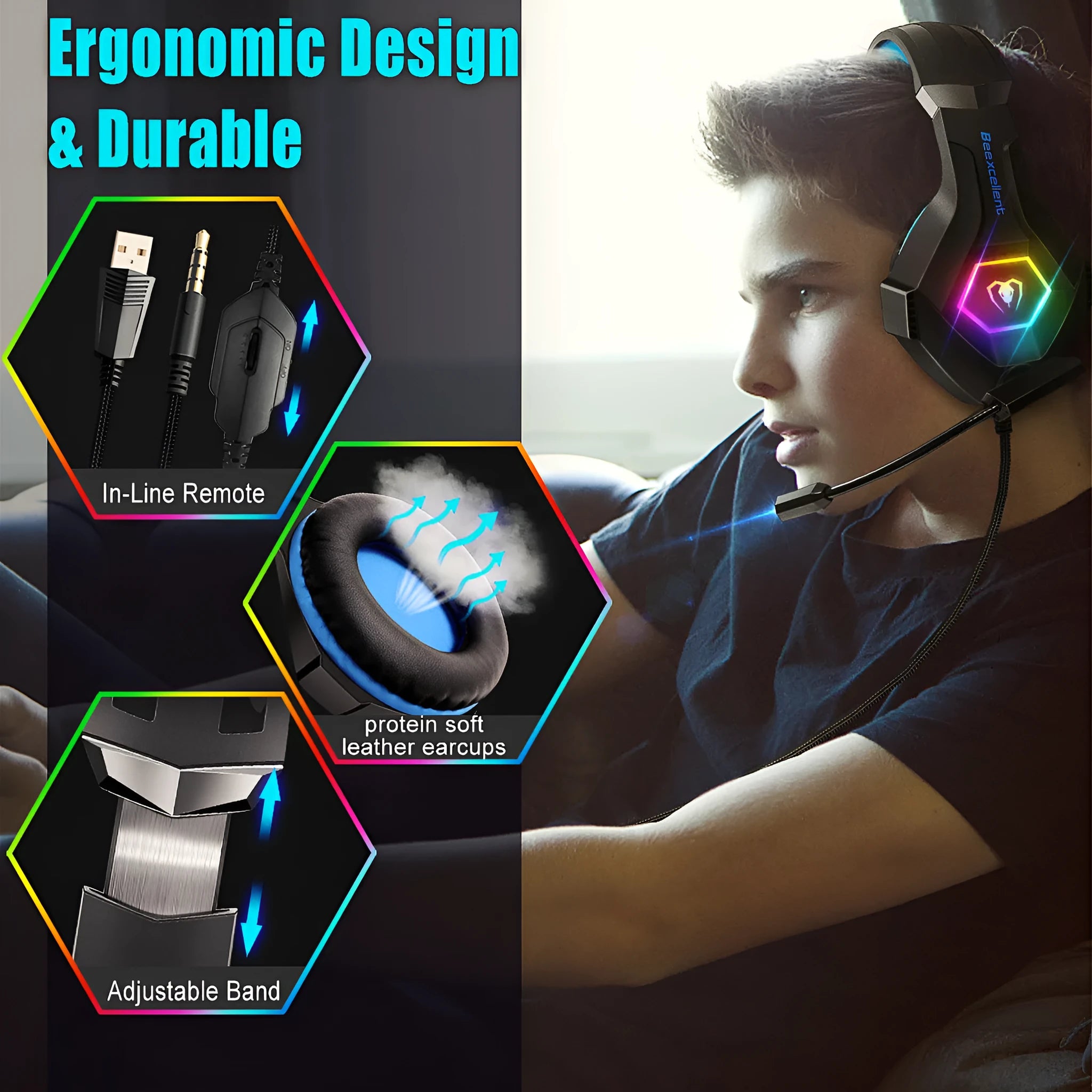 Thunder Wear Luminous gaming headset with LED lighting in black with coloured accents