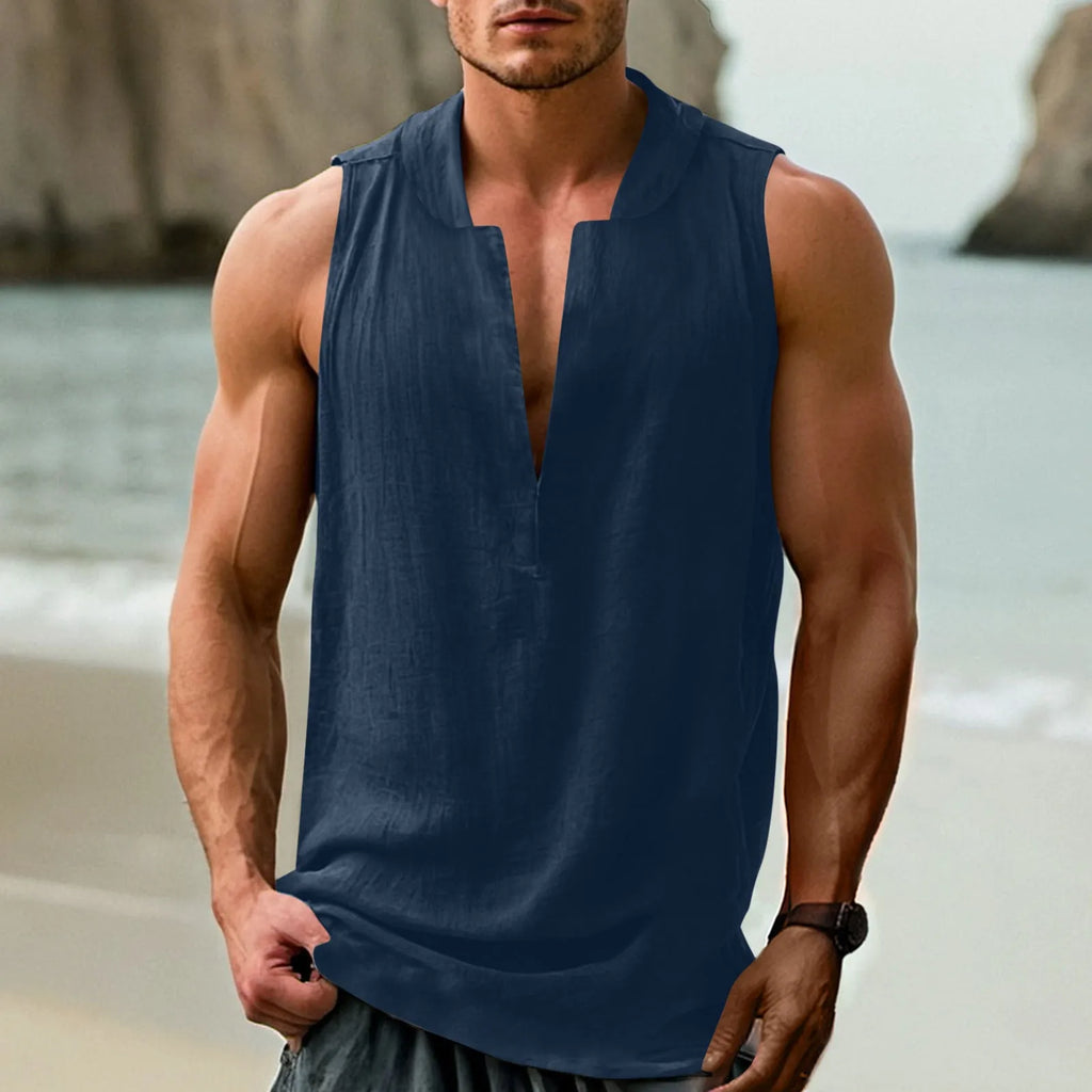 Men's sleeveless casual shirt in cotton linen blend showing non-ironing treatment and colour options