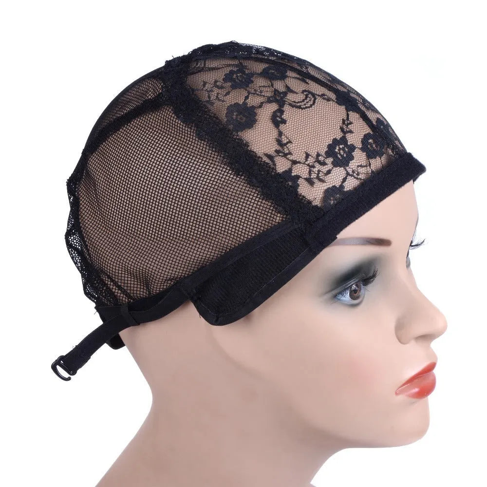 Small Flower black nylon mesh wig cap with flat top crown, size M 56-58cm