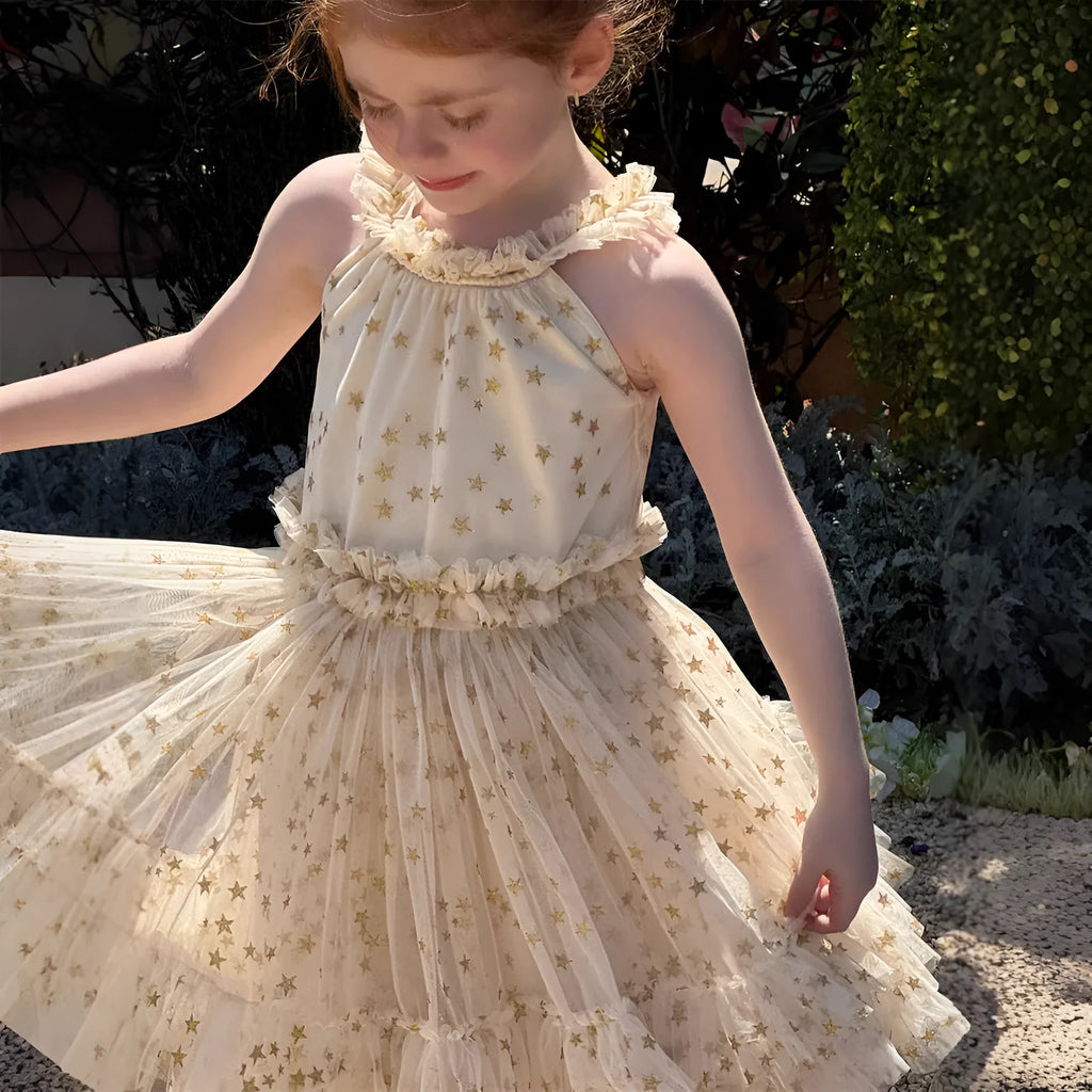 Summer girls sleeveless halter tulle skirt dress in solid apricot colour