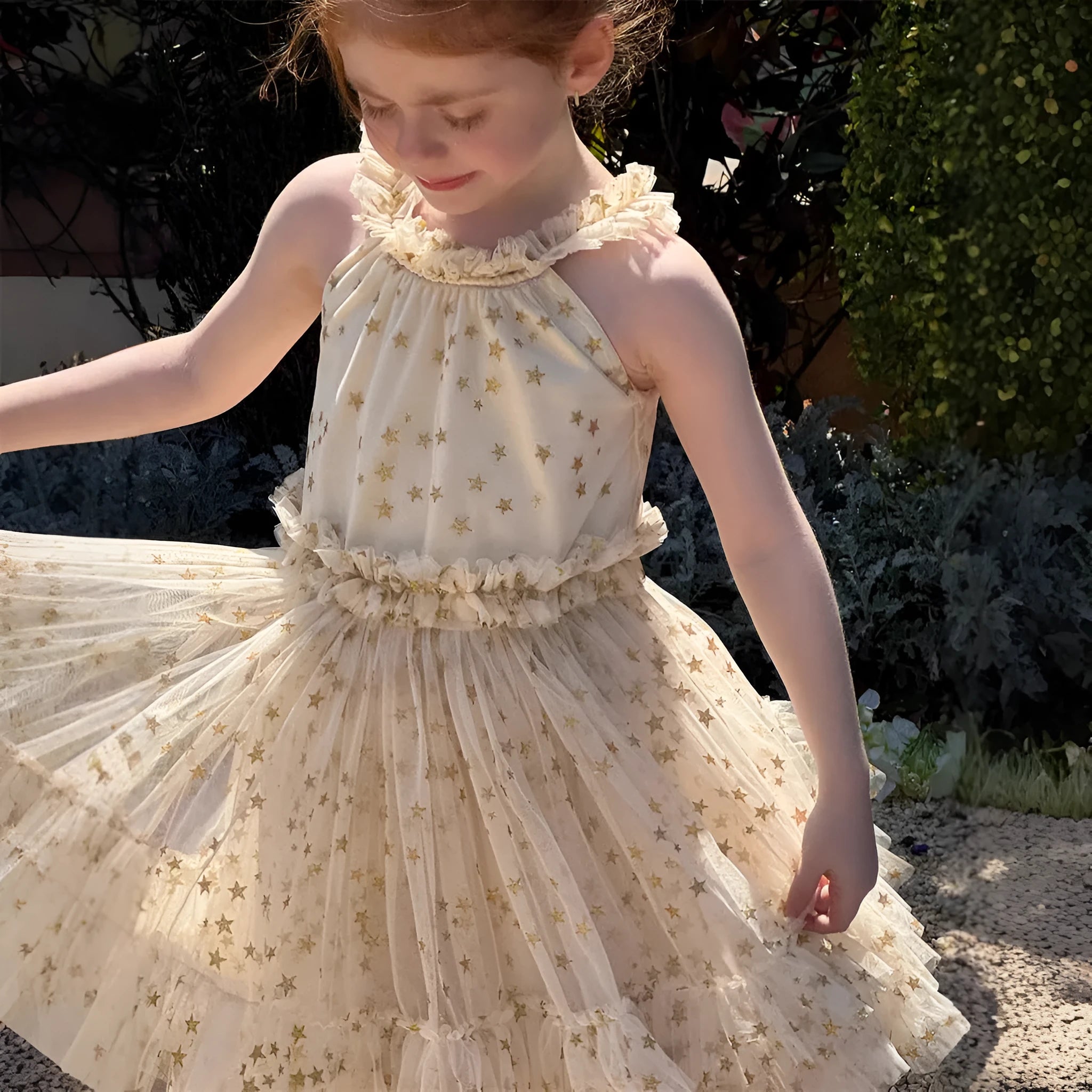 Summer girls sleeveless halter tulle skirt dress in solid apricot colour