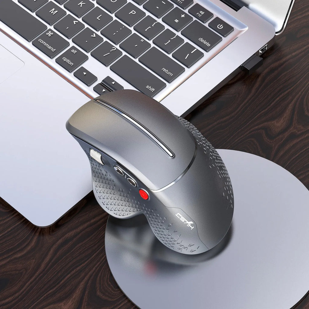T32 wireless vertical ergonomic mouse in black matte texture showing aluminium side roller and vertical orientation.