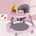 Multi-functional baby walker in pink with six-speed height adjustment, anti-rollover design, and toy music lighting on a white background