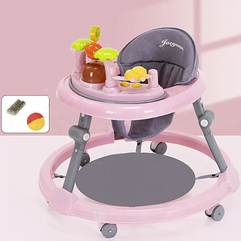 Multi-functional baby walker in pink with six-speed height adjustment, anti-rollover design, and toy music lighting on a white background