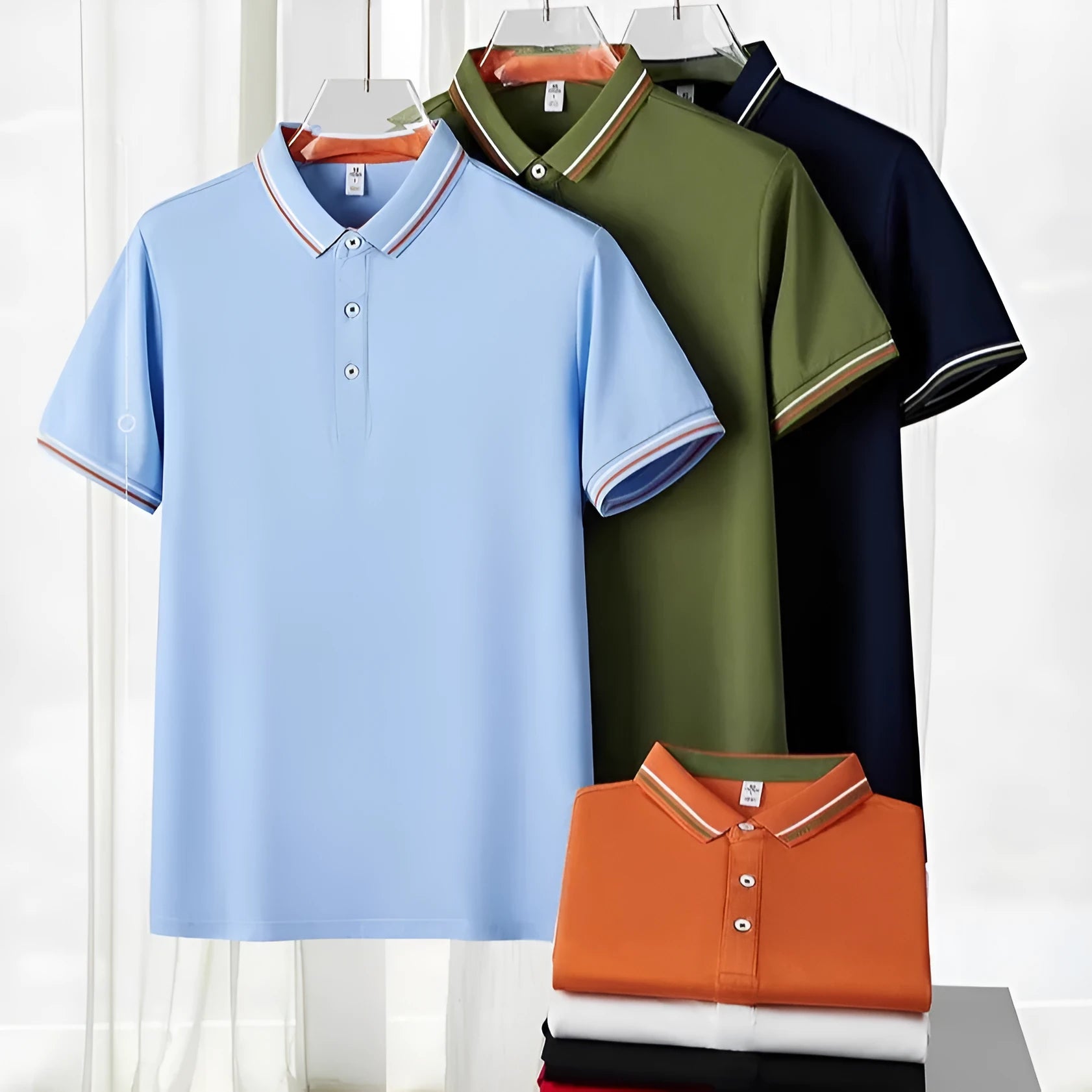 Cotton blend slim fit polo work shirt with collar and short sleeves on a hanger.