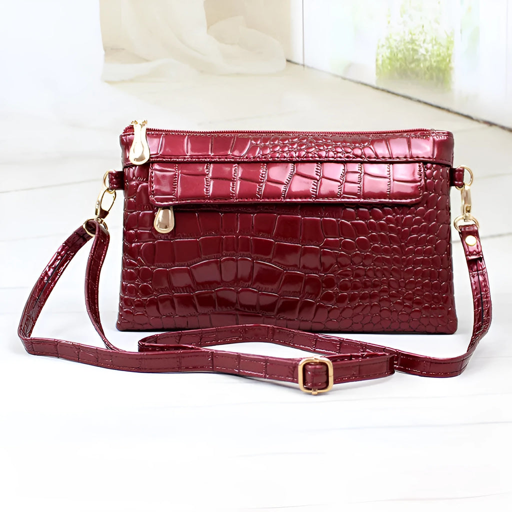 Women's black soft PU messenger bag with horizontal square shape showing dimensions