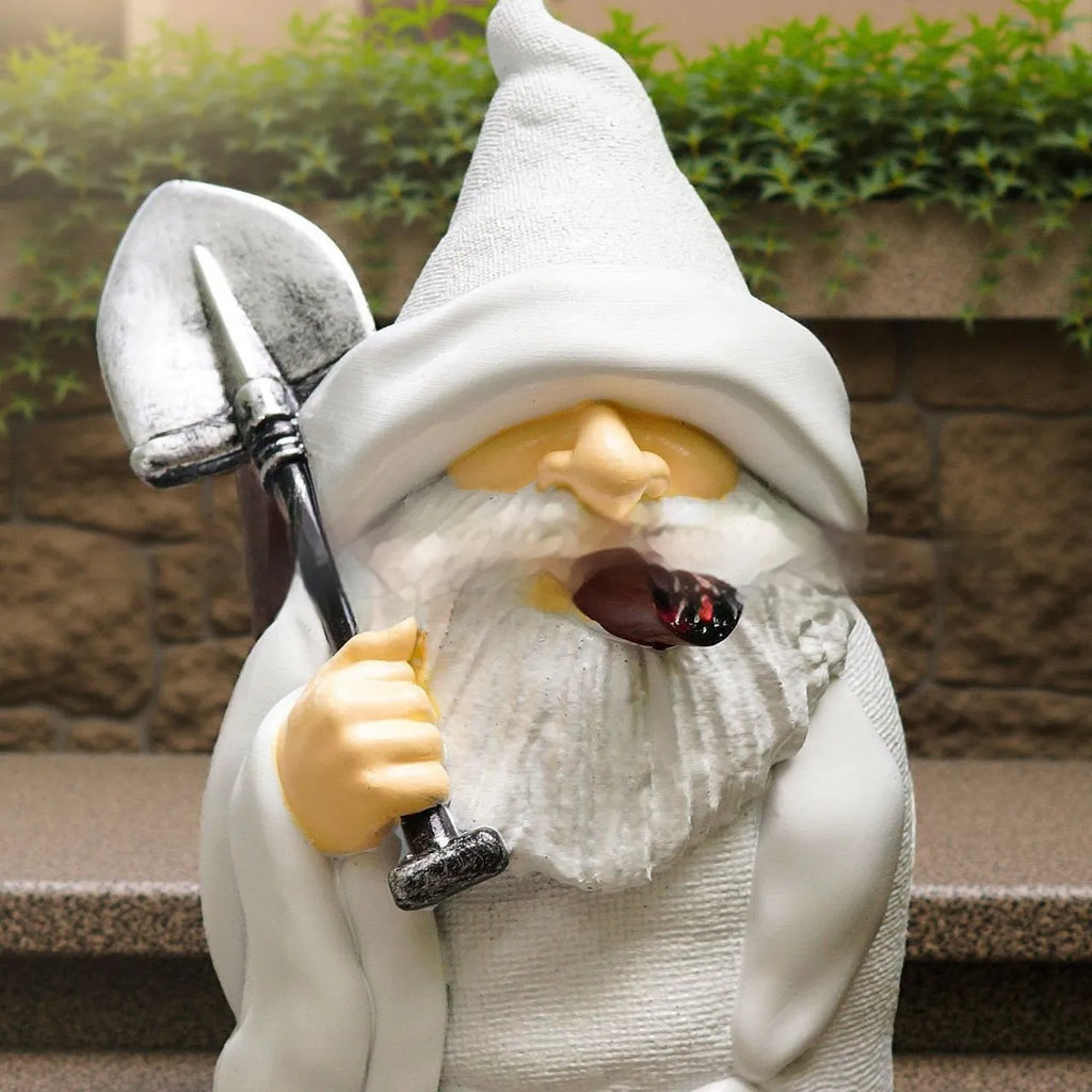 Resin Christmas ornament with dwarf figure holding smoking shovel for garden or home decoration