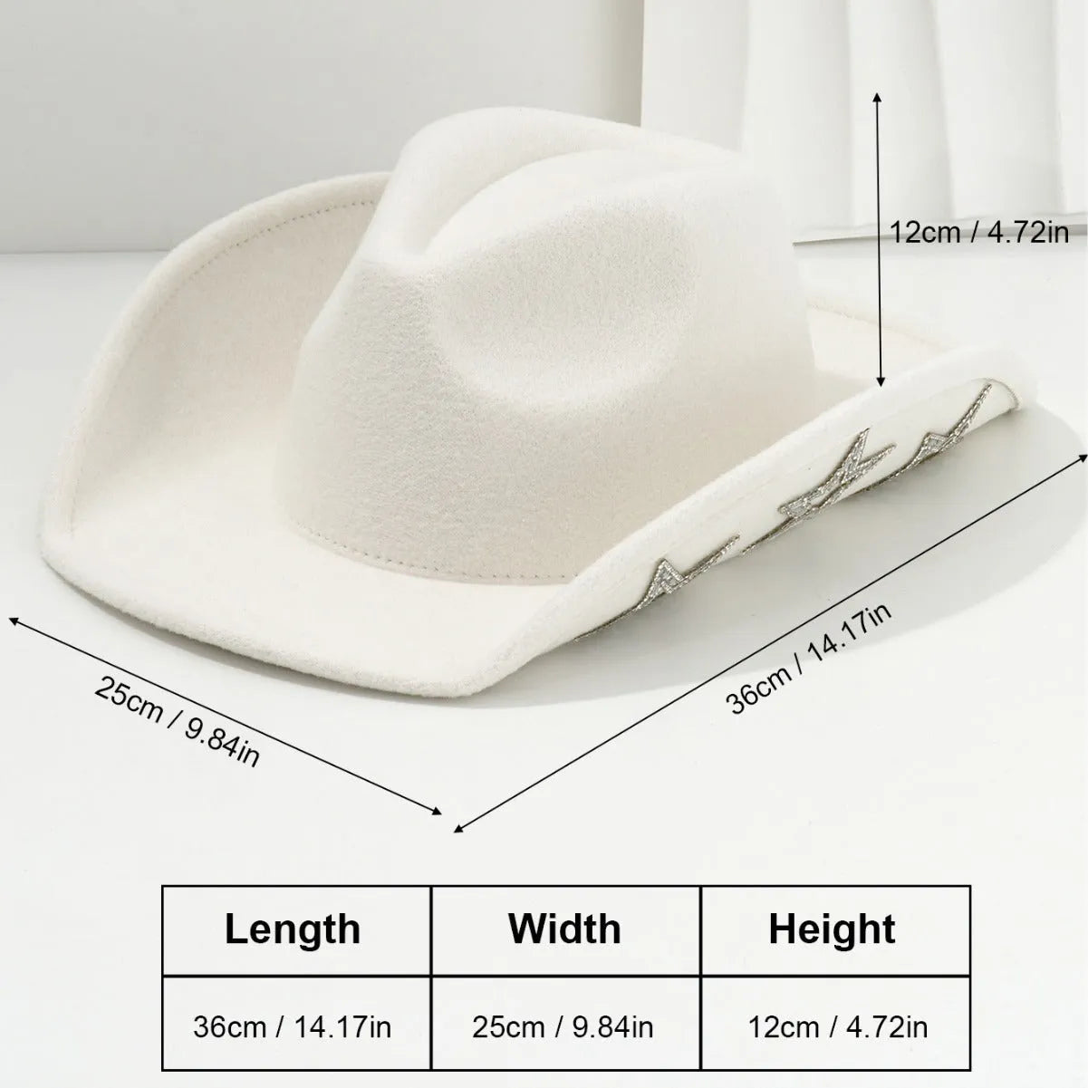 Beige polyester felt western-style top hat with a conical crown and a hexagonal star decoration on the front.