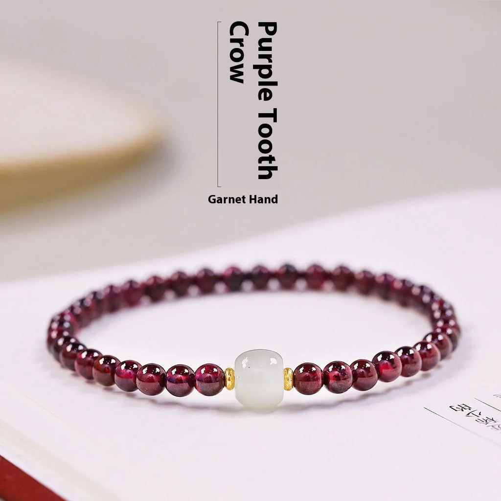 Simple U-shaped natural garnet bracelet for women, shown in garnet and dream garnet colour options with 4mm and 6mm bead sizes.
