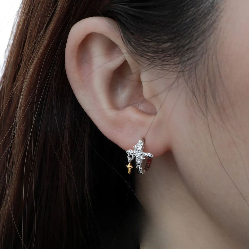 925 silver geometric cross earrings with round design elements and white gold colour finish