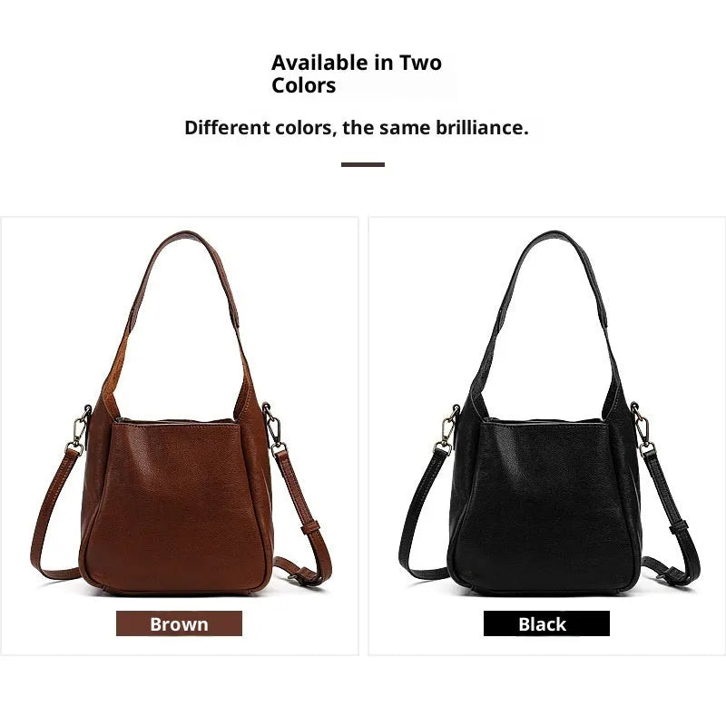 Solid colour women's cross-body bag in brown genuine first layer cowhide with sandwich pocket and single shoulder strap