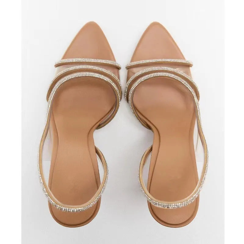 Apricot pointed toe women's high heels with PVC upper and rubber sole, shown in sizes 35 to 42