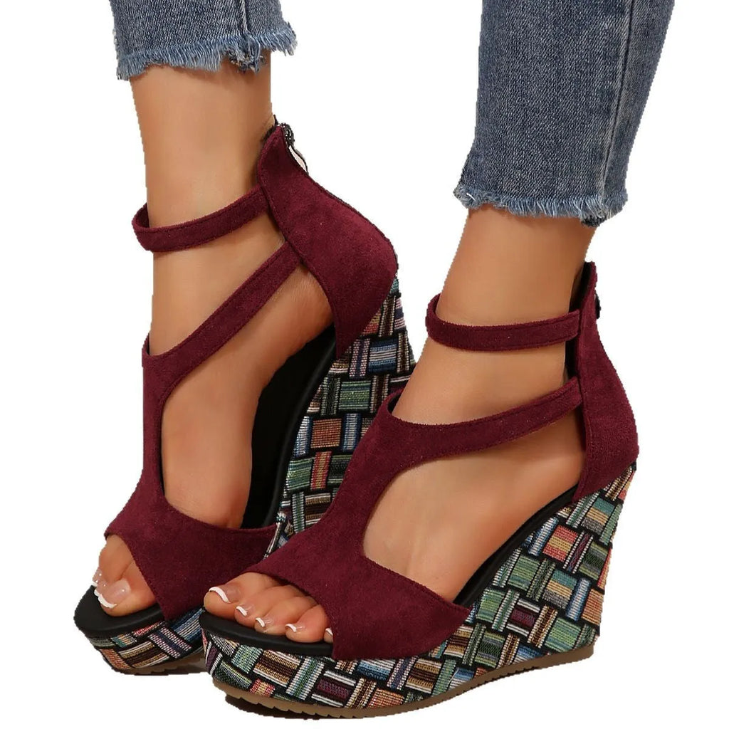Women's thick-soled slope sandals with ankle-strap buckle in cloth upper and hemp-soled rubber construction