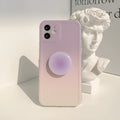 Yellow and purple gradient silicone iPhone case with a retractable viewing stand extended.