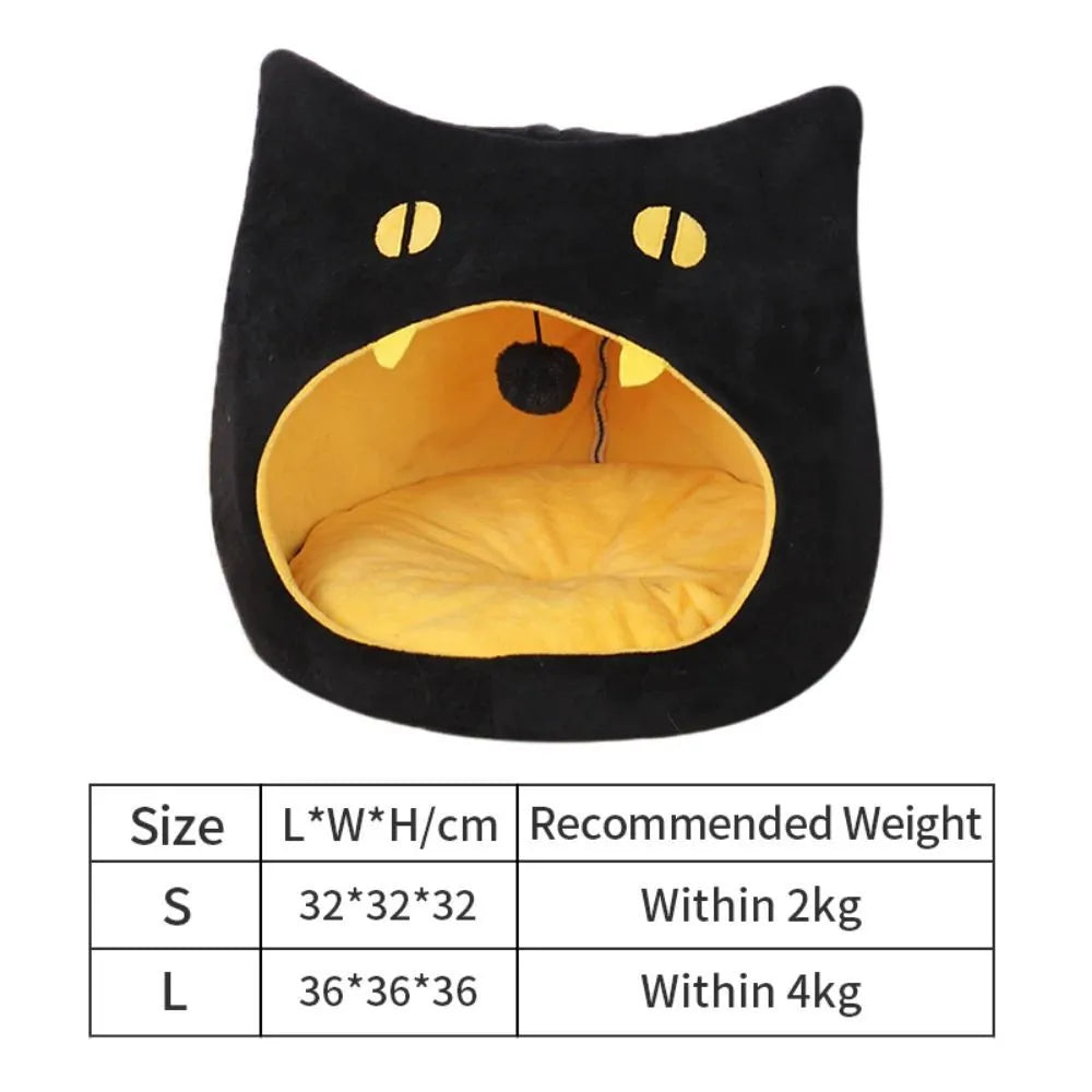 Soft plush covered cat cave bed with anti-slip bottom for cats and small dogs.